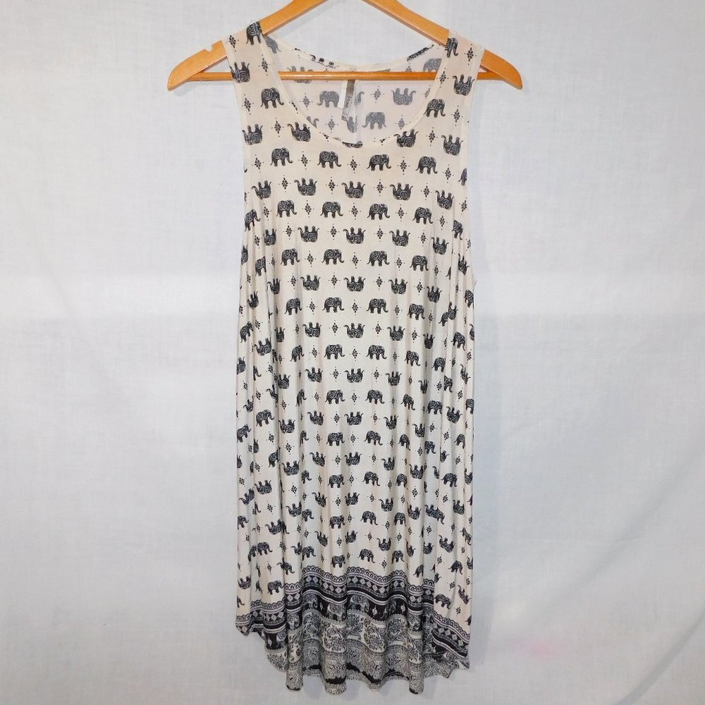 Moa USA Elephant Print Cream Black A Line Tank boho Dress Womens 1XL